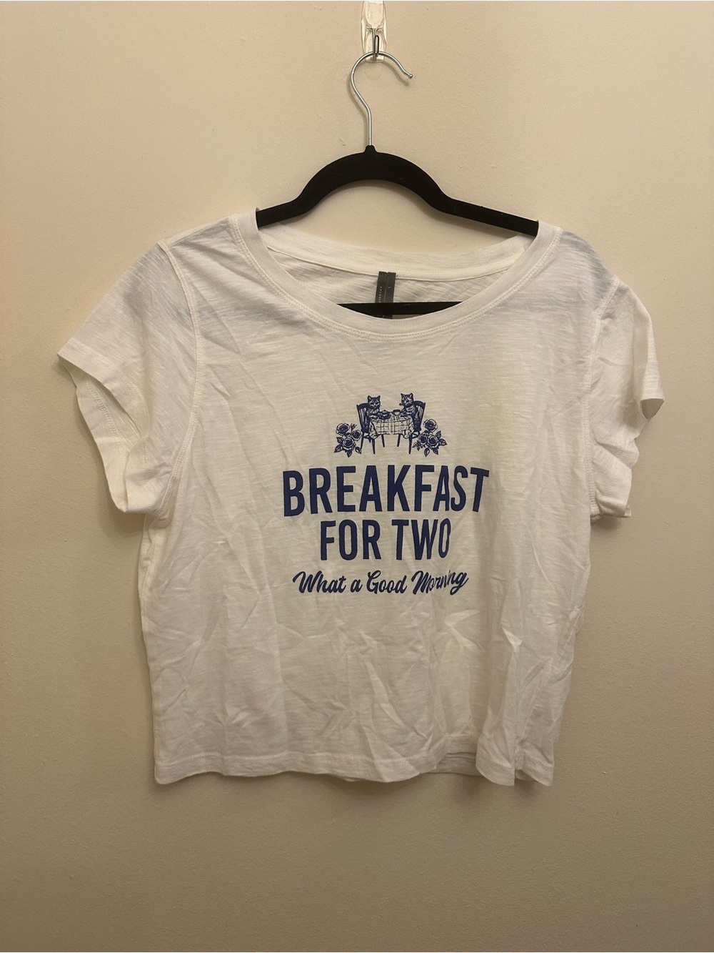 Anthropologie L Breakfast For Two Cat Graphic Tee White Cotton Kitty Novelty Top